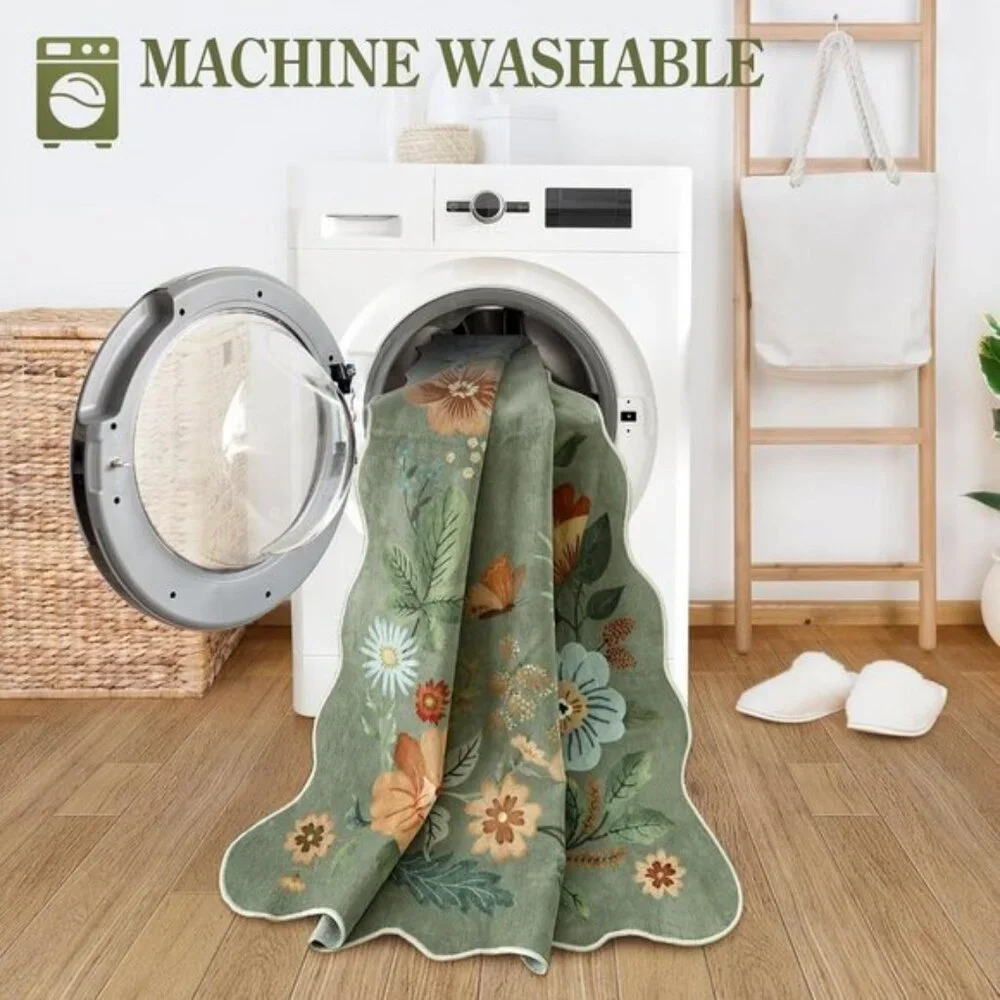New 2x3 Floral Entryway Mat, Washable Ultra-Thin Non-Slip Area Rug - Green